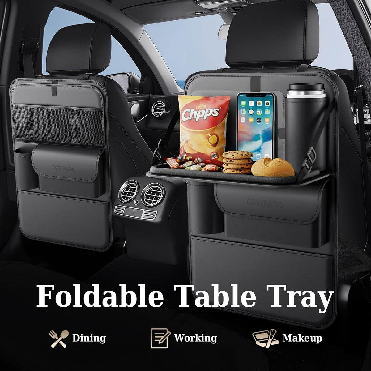 Coverado Car Backseat Organizer with Tablet Tray, Nappa Leather Organizer for Car Seat Back, Waterproof Car Seat Organizer with Touch Screen, Seat Protector Kick Mats for Kids