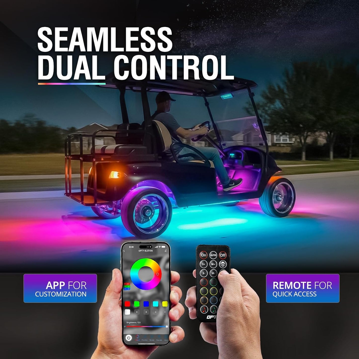 OPT7 Aura DreamColor 12V Golf Cart Underglow Chasing Light w/APP & Remote | Waterproof Rigid Aluminum Case, RGB-IC LED Bar, Sound Sync Lighting, Outdoor Accent Lights, EZGO Yamaha Club Car Accessories