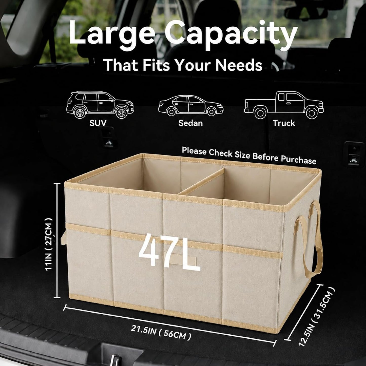 PAT SAM'S Car Trunk Organizer for SUV, Foldable Collapsible Storage Organizer with Dividers, Non-Slip Waterproof 600D Oxford, Backseat & Trunk Storage for Groceries, Tools, Toys (Beige)
