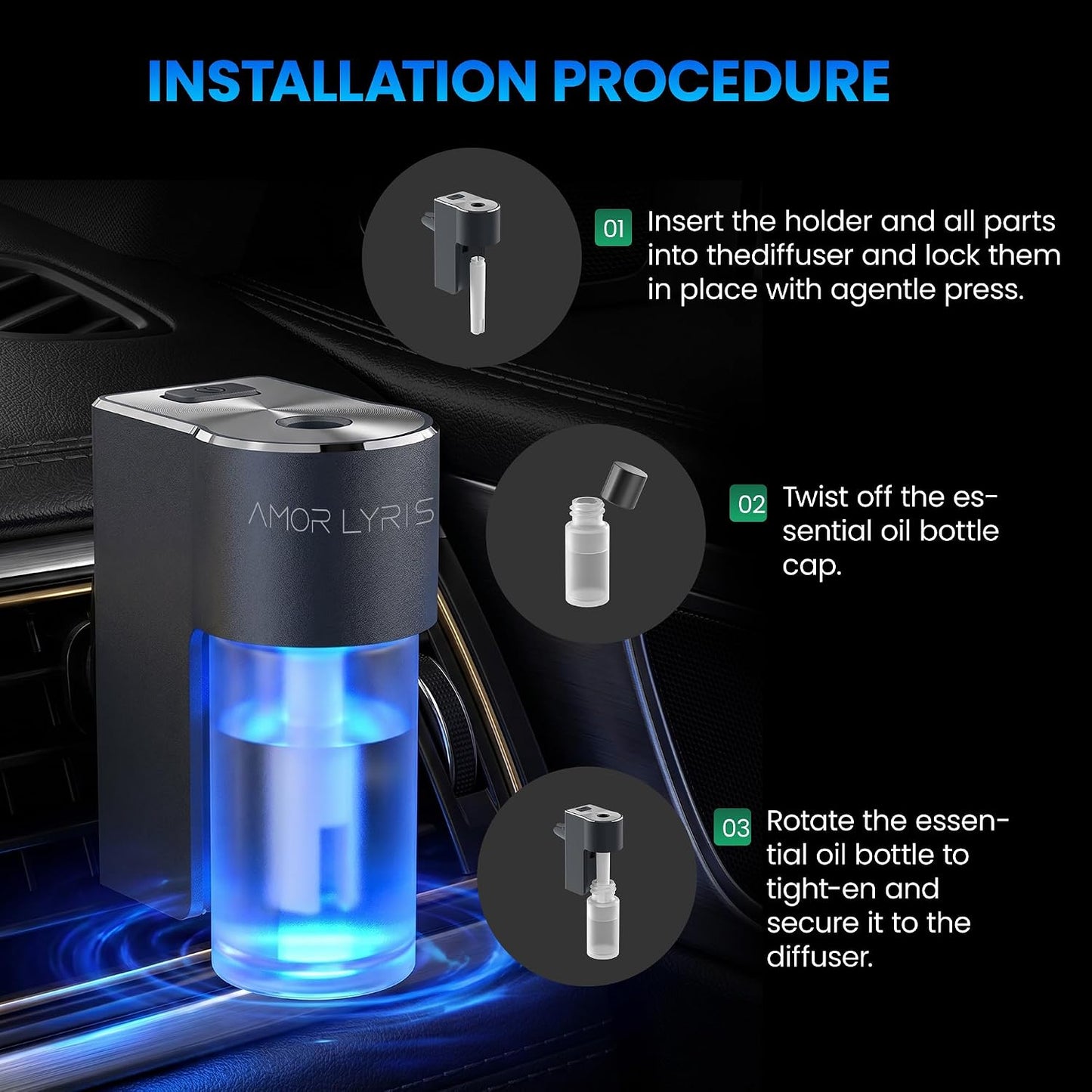 Car Air Freshener Diffuser, Smart Car Vent Air Freshener, 3 Speed Adjustable, Rechargeable, Intelligent Auto On/Off, Long Lasting Fragrance, 3 x 10ml Essential Oils, Ocean