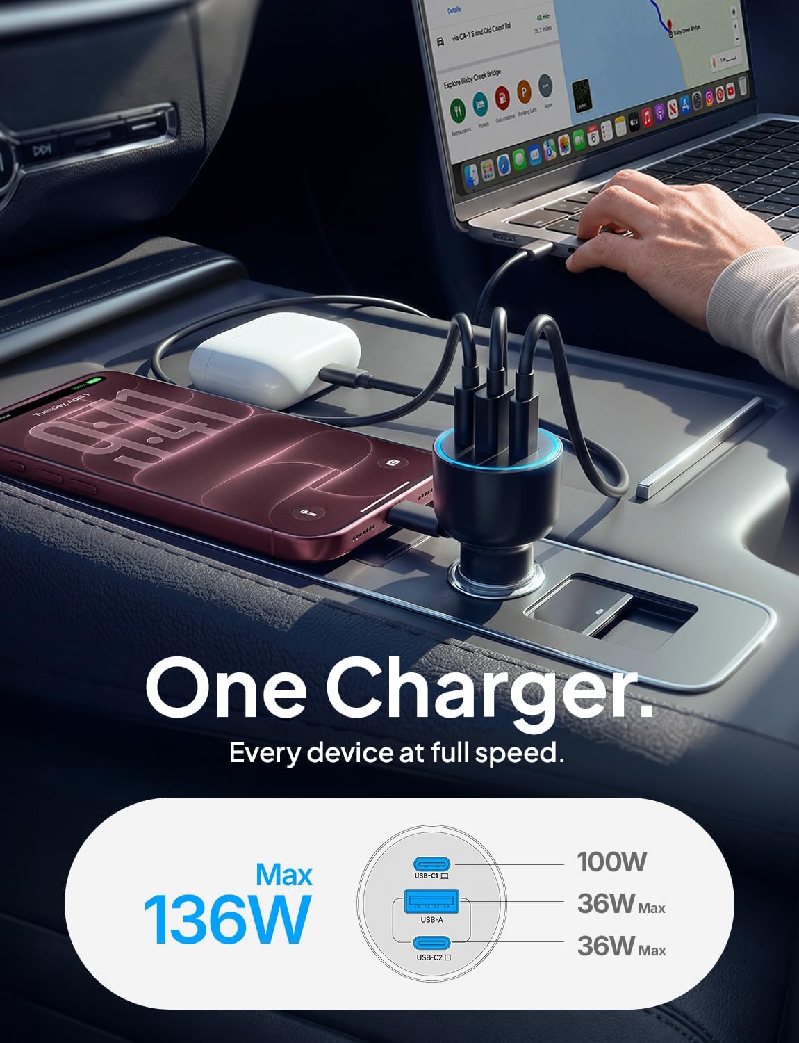 LISEN 136W Car Charger USB C Fast Charge, for iPhone 18 Pro Max, iPhone Duo