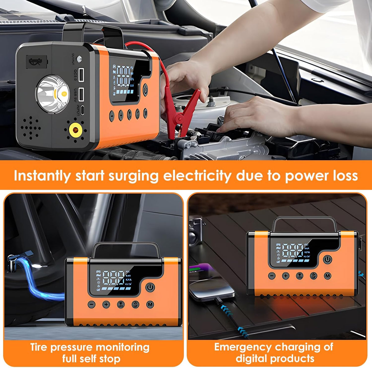 3000A Portable Car Jump Starter, 8-in-1 All-in-One Emergency Kit with 150PSI Air Compressor, Car Vacuum, Power Bank & LED Light, 12V Battery Booster for Gas Diesel Engines Cars Trucks SUV