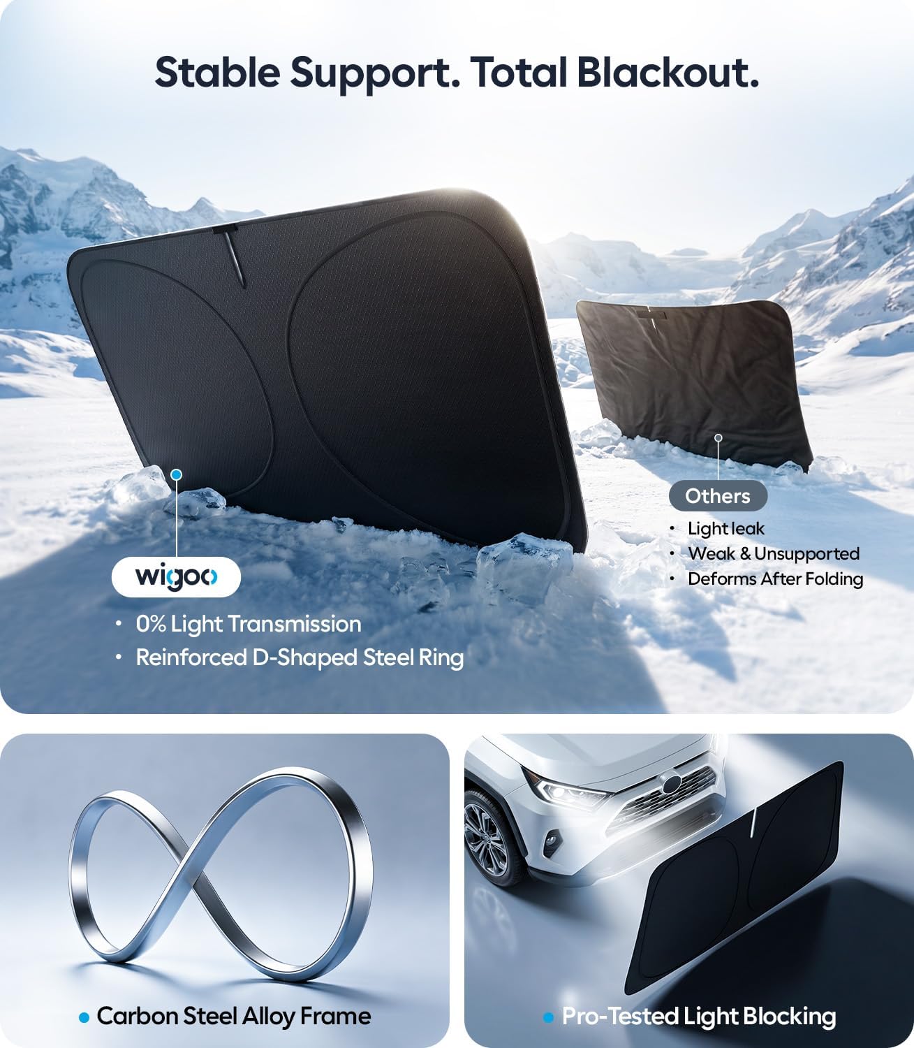 Wigoo 2026 Upgrade Universal Car Windshield Sun Shade [100% Light Block, Durable 210D Oxford] Foldable Heat Insulation Interior Sun Visor to Keep Interior Cool with Storage Bag, M(64"x32")