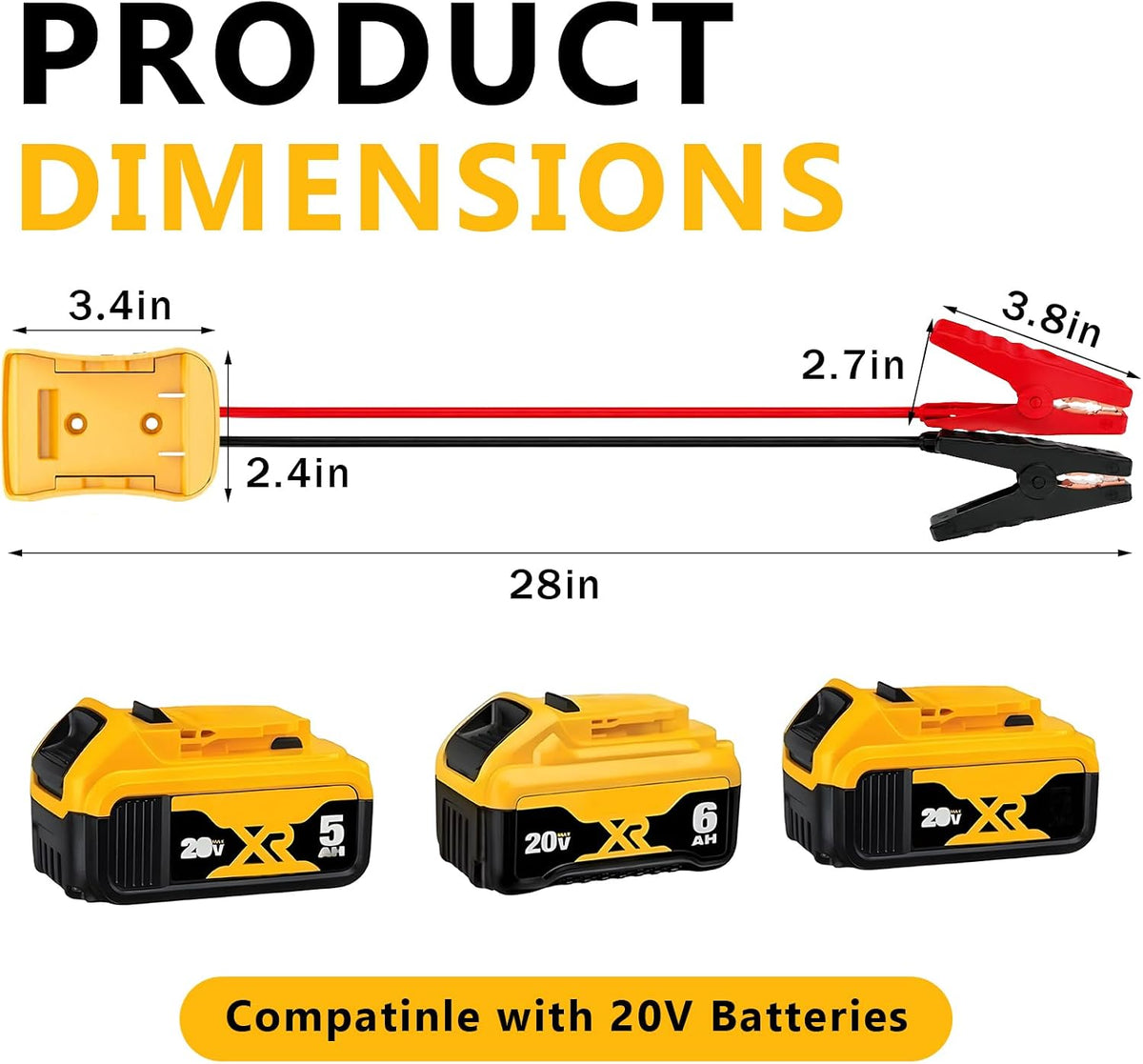 Jumper Cables for Car with Adapter, Automotive Booster Cable Power Tool with 8AWG 2FT Silicone Wire, Portable Battery Jump Starter Compatible with 20V Vehicle Batteries