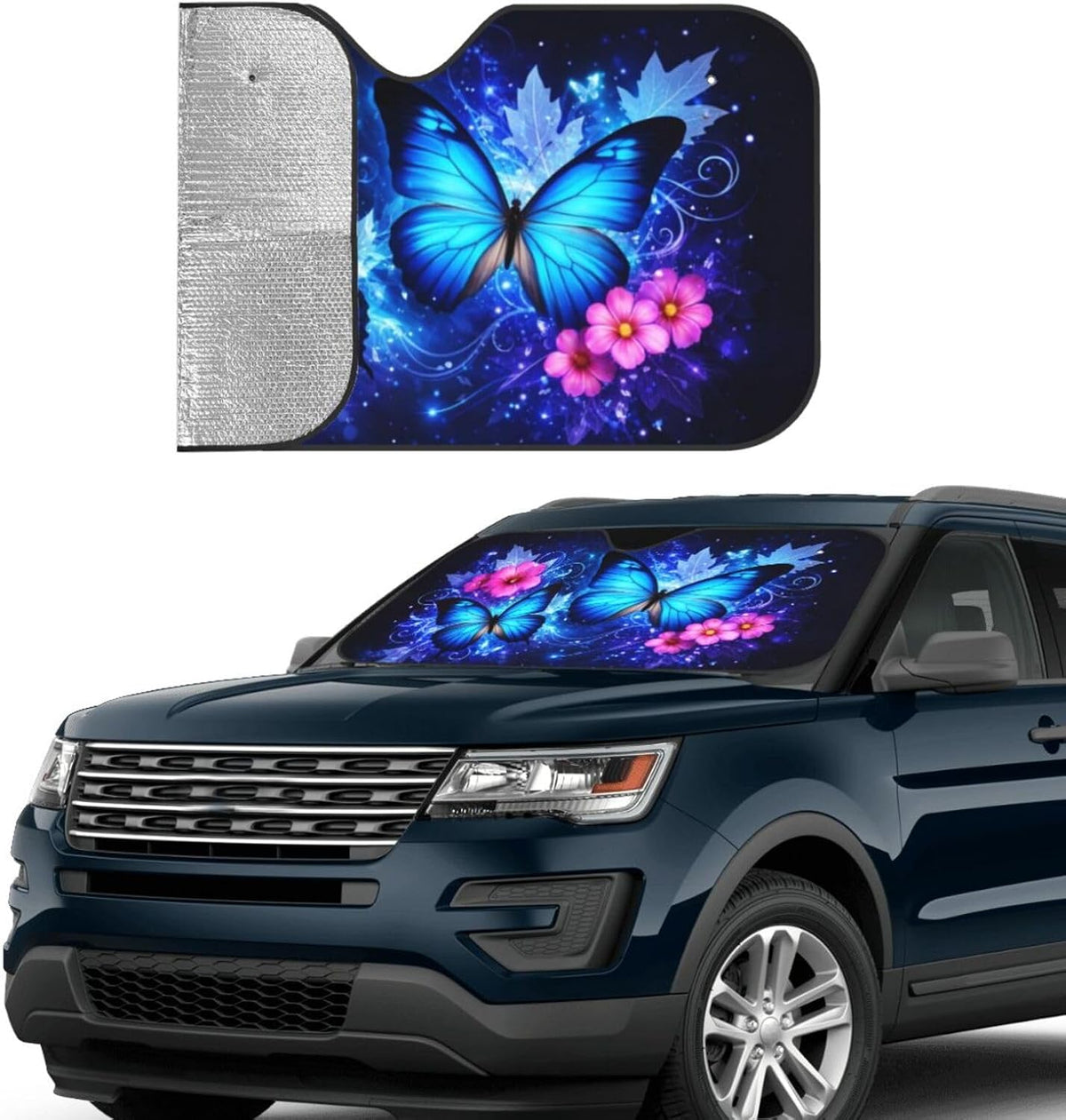 Windshield Sun Shade, UV Blocking and Keep The Vehicle Cool Car Windshield Sun Shade Foldable for Hatchback Truck SUV MPV (Blue Butterfly Floral, M)