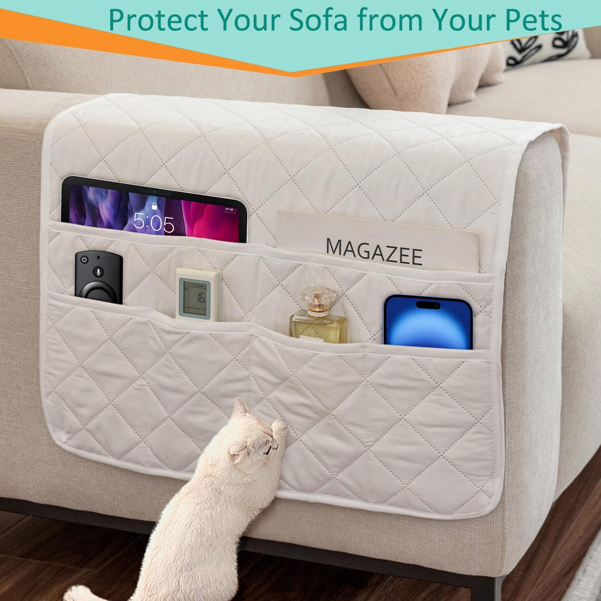 Armchair Caddy Remote Control Holder Sofa Organizer, Non-Slip Couch Arm Chair Caddy with 6 Pockets for Tablets,Smart Phone,Books,Pens,Magazines,Ipad (Off-White)