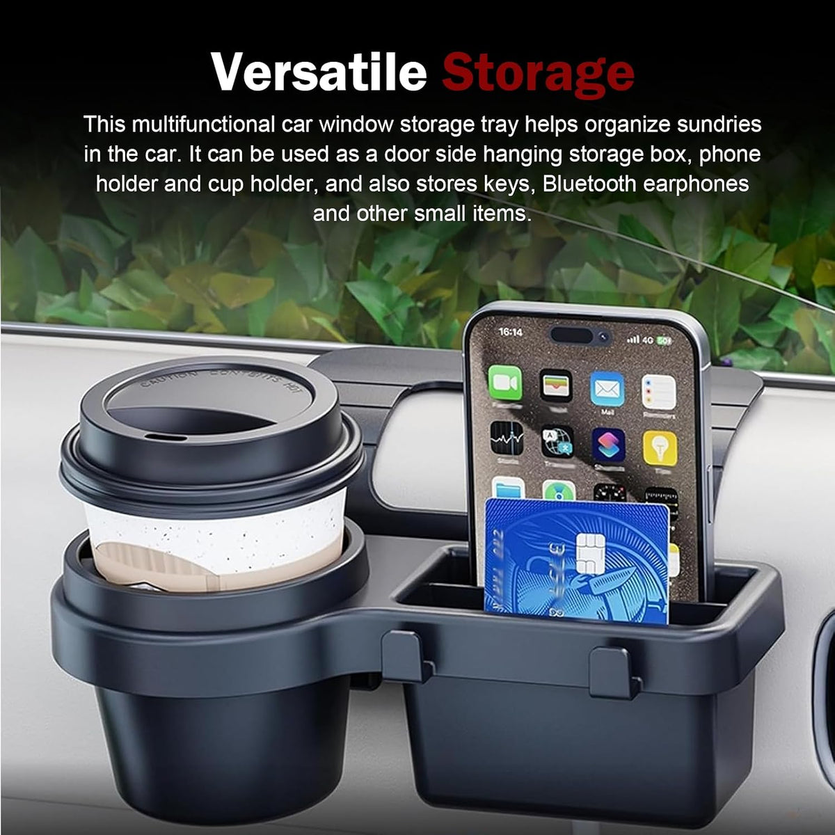 1 PC Car Door Window Cup Holder, Multifunctional 4-in-1 Insert Hanging Box/Phone Mount, ABS Clip-on Coin Storage Organizer, Universal for Most Cars, Trucks, SUVs (Black #B)