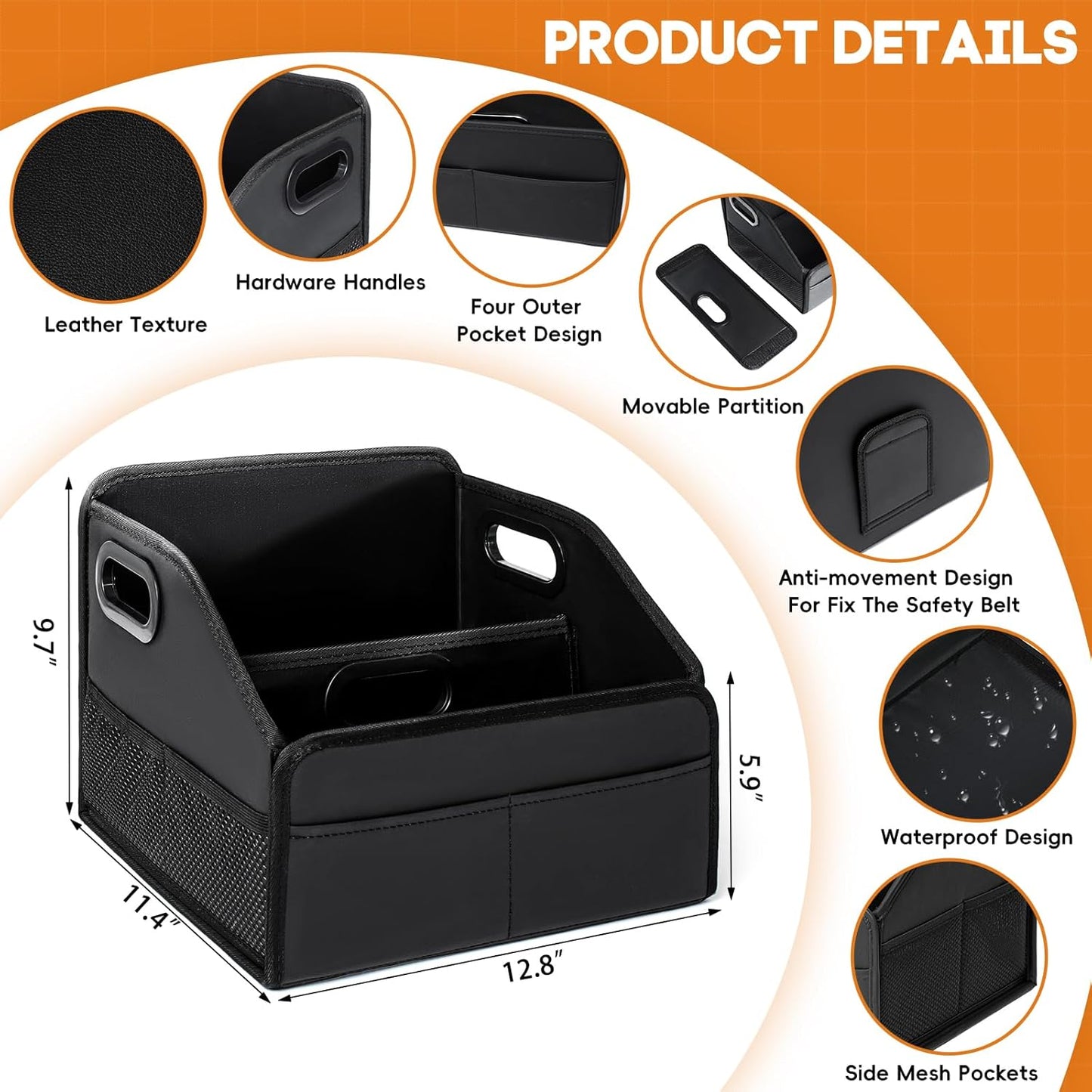 Car Storage Organizer Reinforced Dividable Leather Car Caddy Basket for Front Seat Floor Back Sturdy Frosted Handle 8 Compartments Adjustable Strap Buckles Slip-Resistant (Normal)