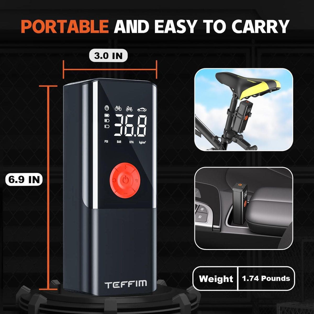 Tire Inflator Portable Air Compressor with Digital Pressure Gauge, 12V Smart Air Pump for Car Tires, Motorcycle, SUV, Electric Bike, Bicycle, Sports Balls with 10000mAh Battery & LED Light
