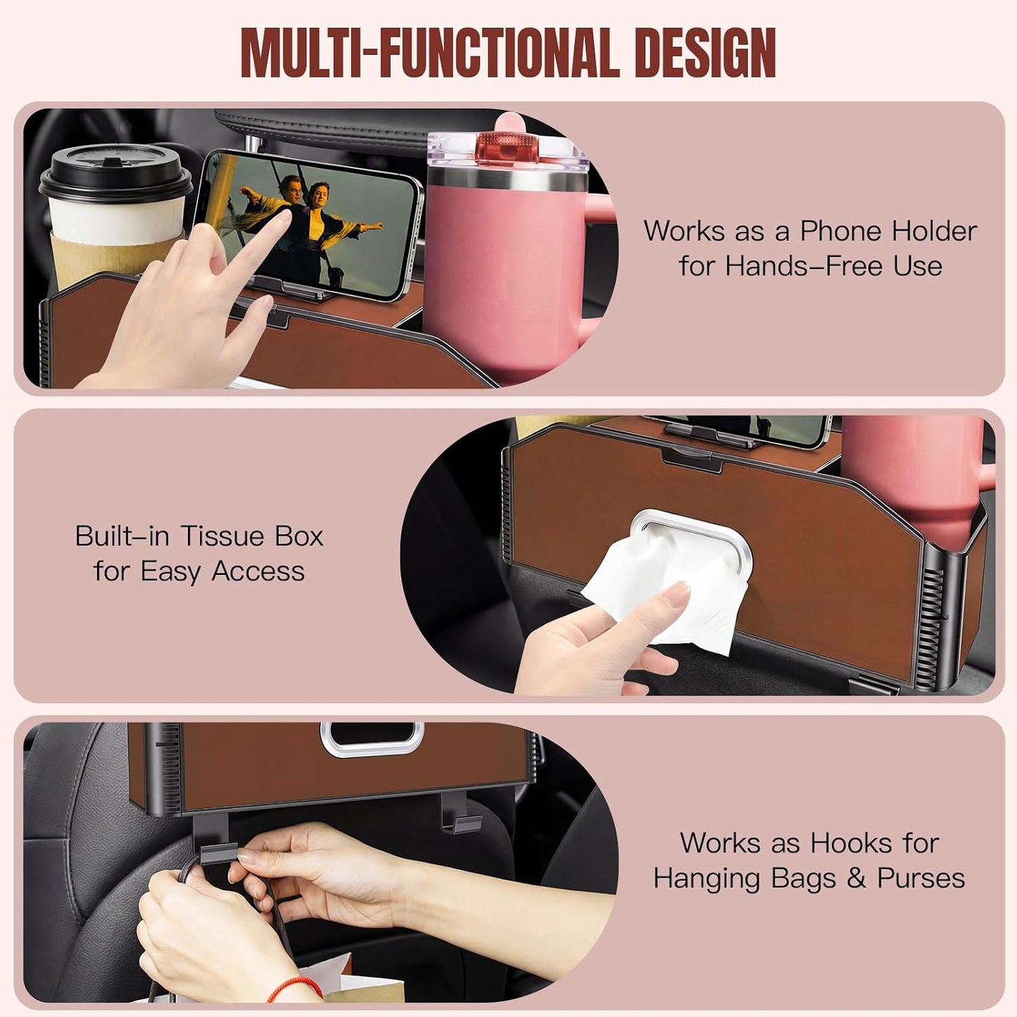 5-in-1 Back Seat Car Organizer and Storage with Extendable Cup Holder, Tissue Holder, Phone Holder, Hanging Hooks, Trash Bin, Back of Seat Car Headrest Organization Accessories for Women Man
