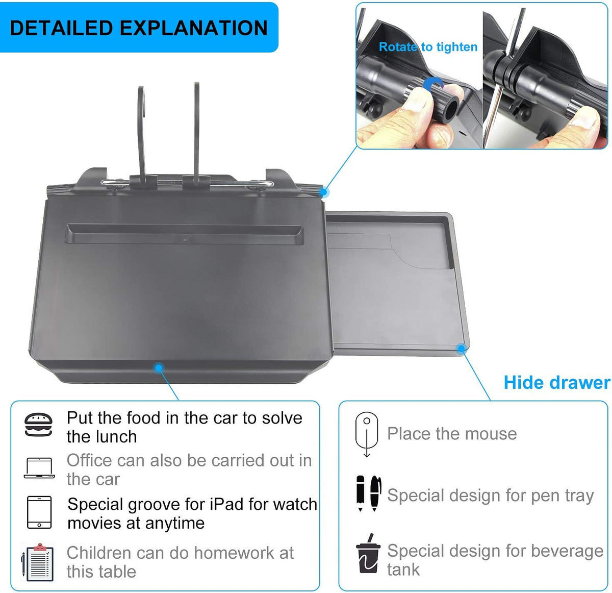 CPROSP Car Steering Wheel Seat Tray Desk Foldable Portable with Mouse Drawer for Eating Writing Working in Car, with Notebook Groove/Drink Cup Groove