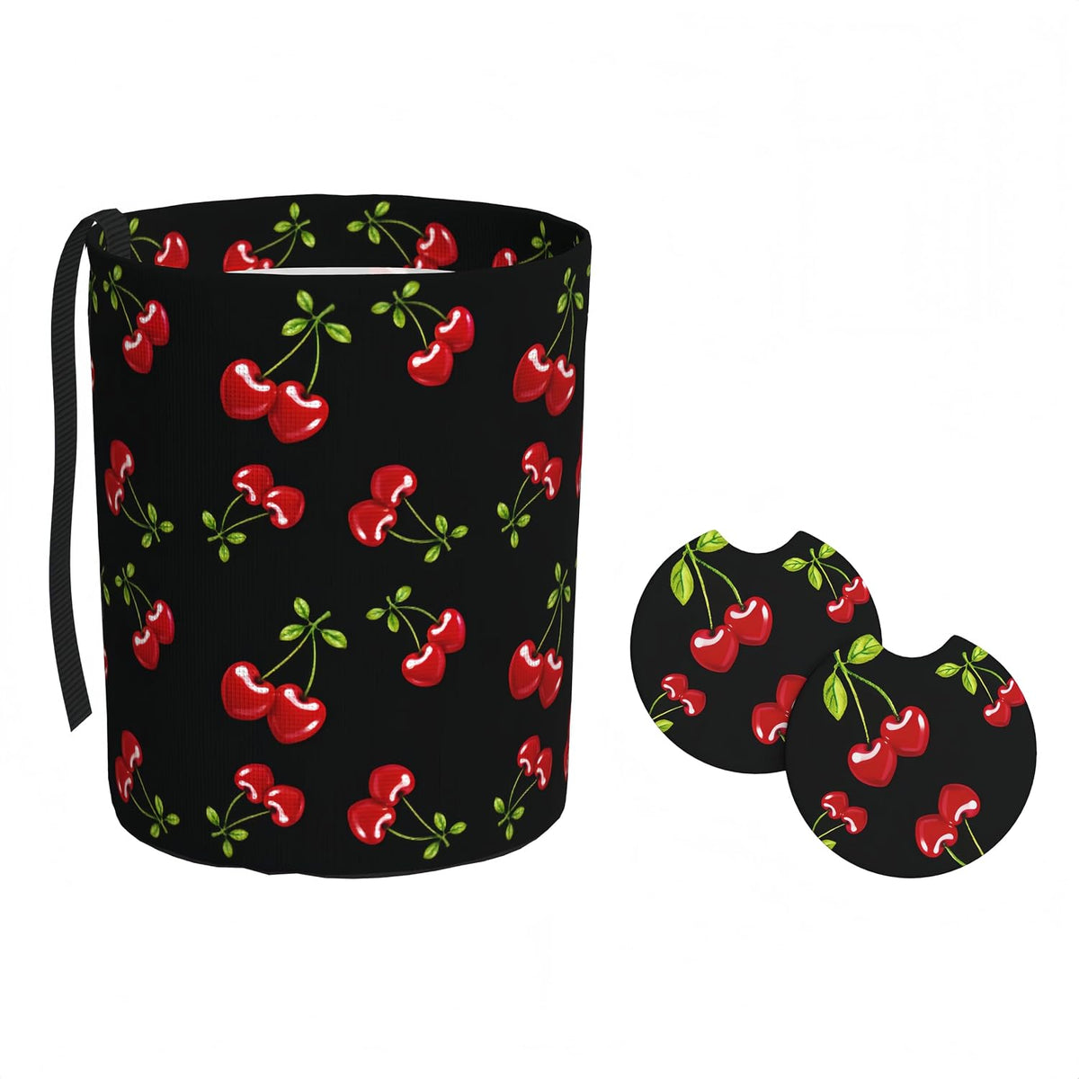Red Cherry Hearts Car Trash Can 1 Hanging Trash Bag+2 Car Cup Coasters Set