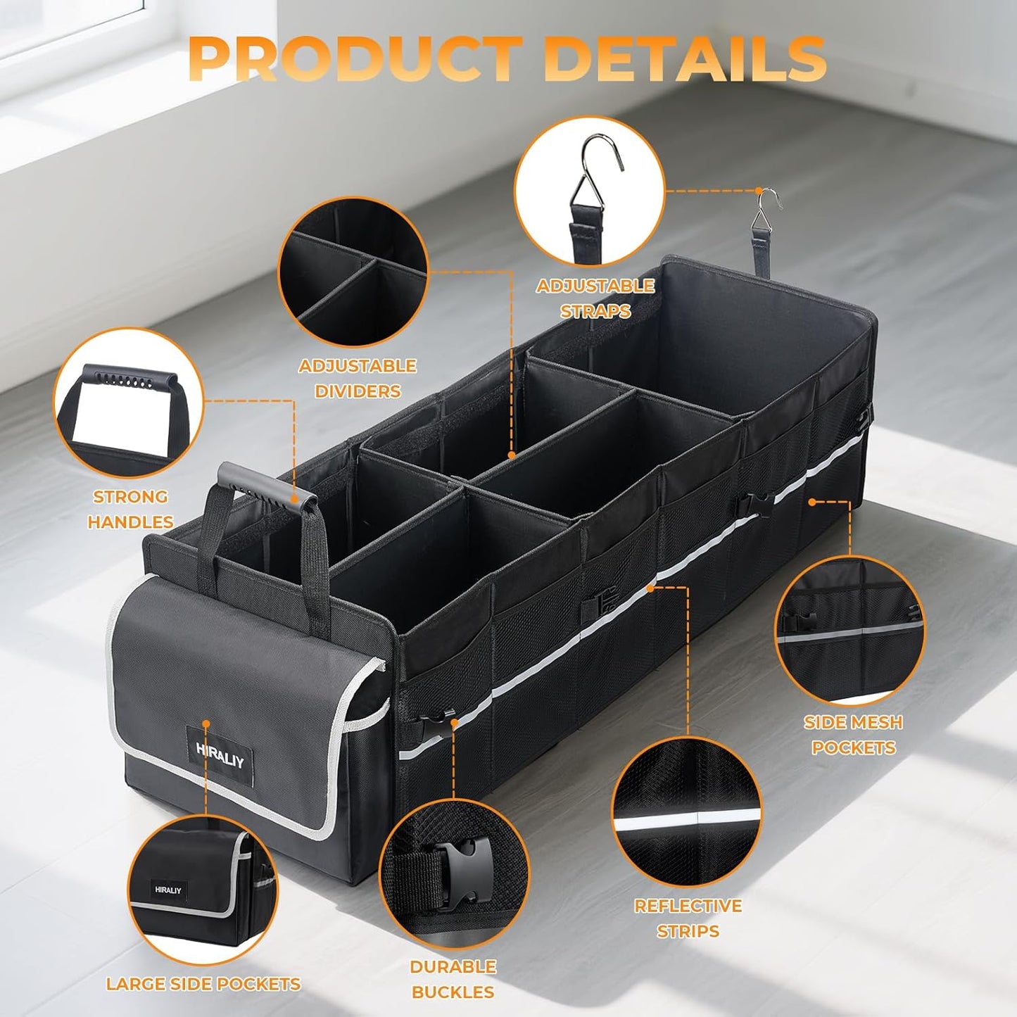HIRALIY 4 in 1 Car Trunk Storage Organizer with Leakproof Cooler Bag, Made of 1680D Oxford and PP board, Multi-Compartment Foldable Trunk Storage Box for Car Truck SUV