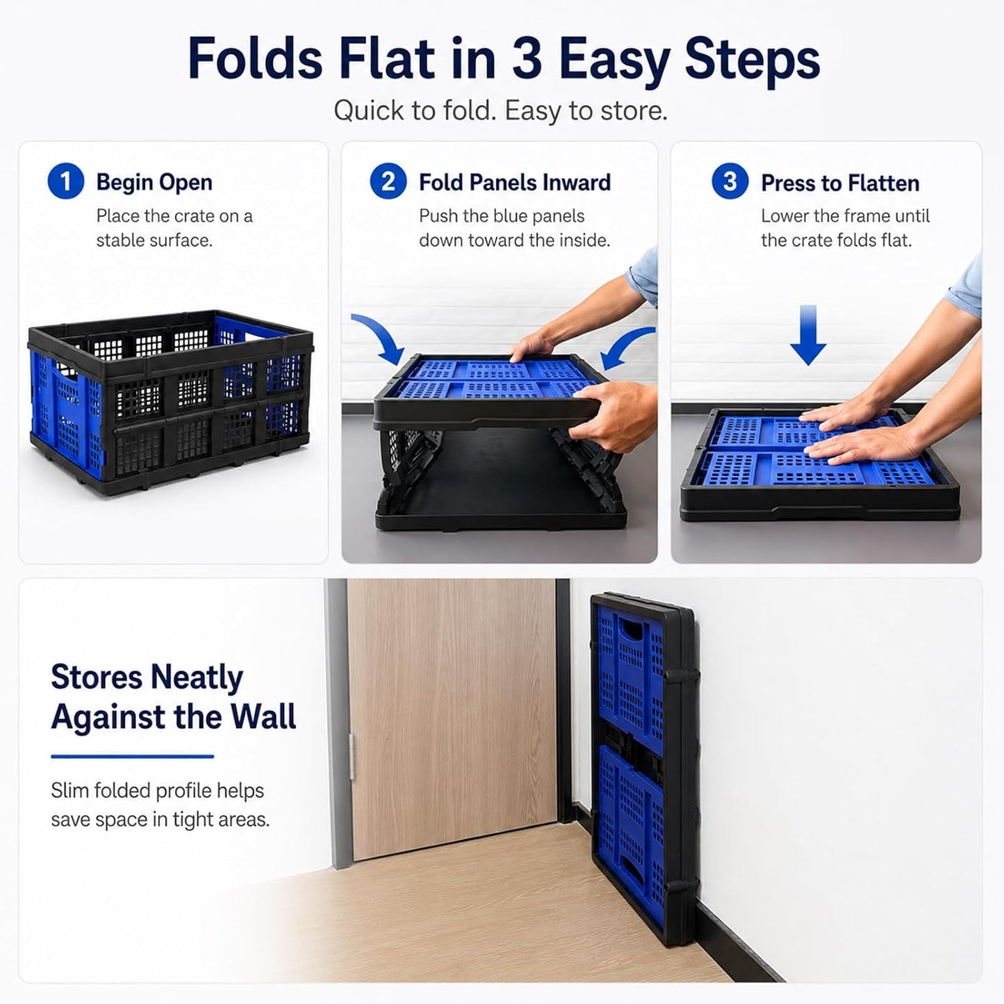 Collapsible Storage Crates 2 Pack, Heavy Duty Foldable Plastic Storage Bins, Stackable Garage & Trunk Organizers for Car, Home, Grocery & Moving Storage, 49L, Blue