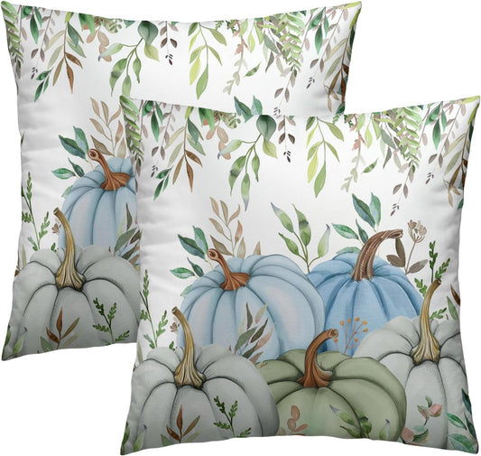 Giwawa Fall Blue Pumpkin Throw Pillow Covers 16x16 Inch Autumn Harvest Cotton Cushion Cases Set of 2 Holiday Couch Cover for Sofa Home Living Room