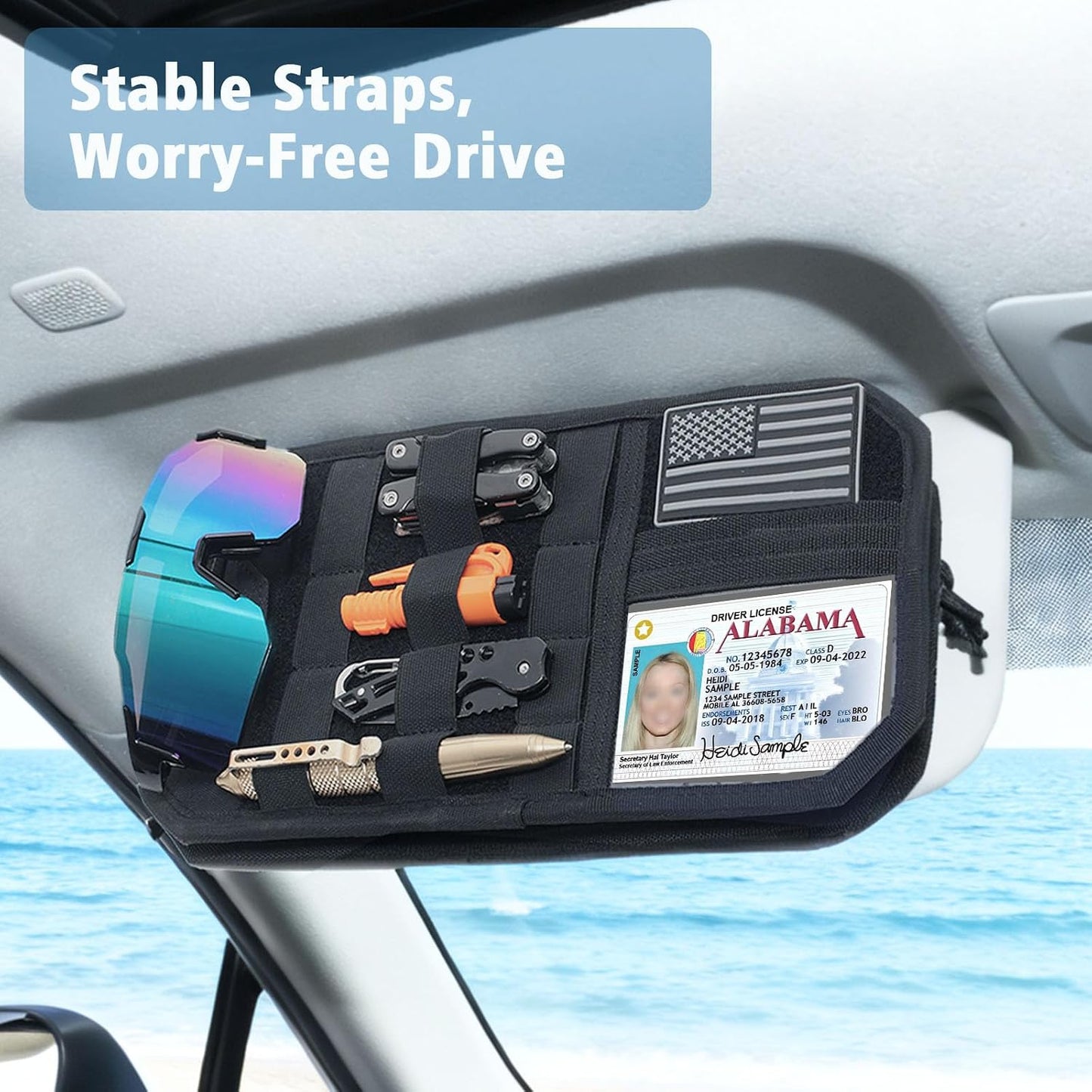MOLLE Car Sun Visor Organizer, Semi-Rigid No-Sag Panel with Zipper Pouch, Glasses Clip & ID Slot, Tactical Visor Storage for Trucks SUVs Cars