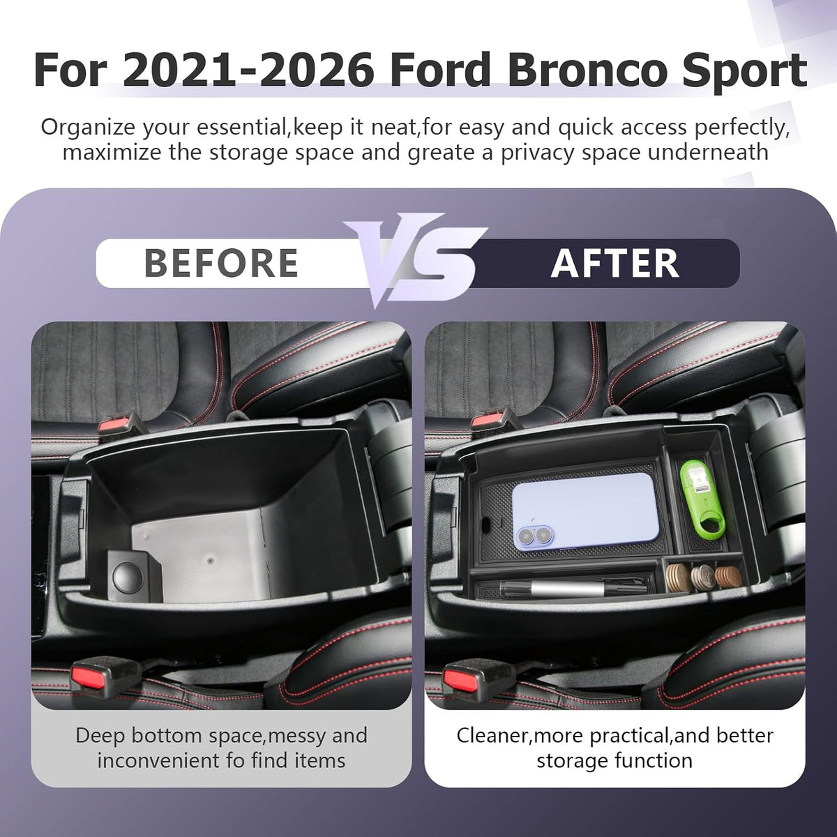 LUWU Center Console Organizer Compatible with Ford Escape 2020-2026/Bronco Sport 2021-2025 Accessories Armrest Console Storage Box Insert Tray ABS Material Black Coin Container Black