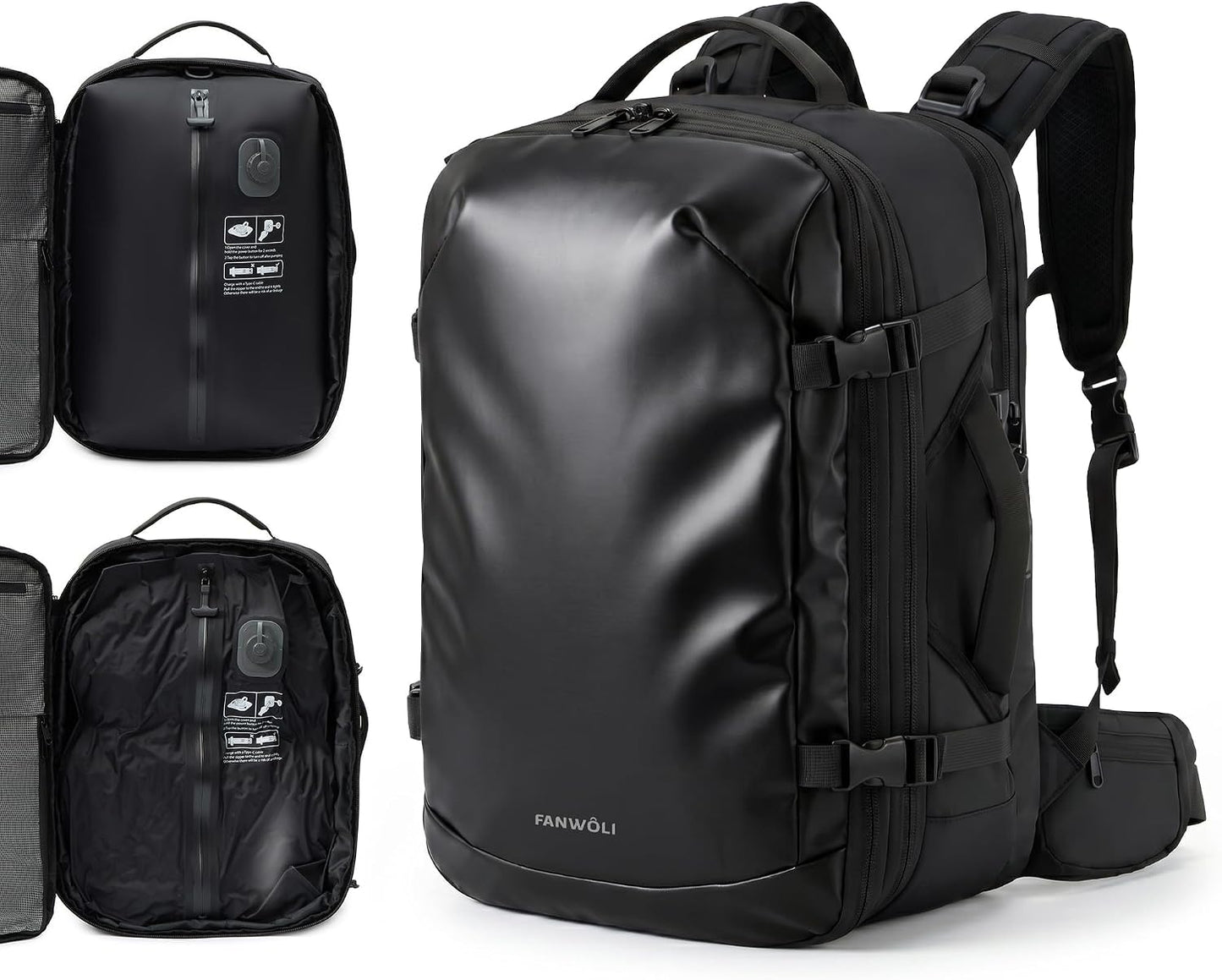 Fanwoli Travel Backpack with One-Button Vacuum System, Carry-On | Built-in Pump, Detachable Hip Belt, Expandable, TSA Lock, Water-Repellent, Wet/Dry Separate, Shoe Pocket, Fits 17" Laptop