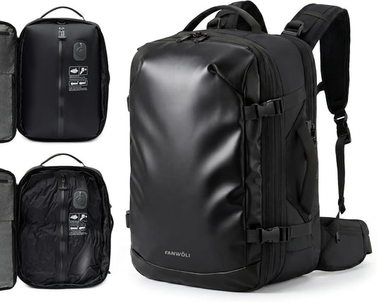 Fanwoli Travel Backpack with One-Button Vacuum System, Carry-On | Built-in Pump, Detachable Hip Belt, Expandable, TSA Lock, Water-Repellent, Wet/Dry Separate, Shoe Pocket, Fits 17" Laptop