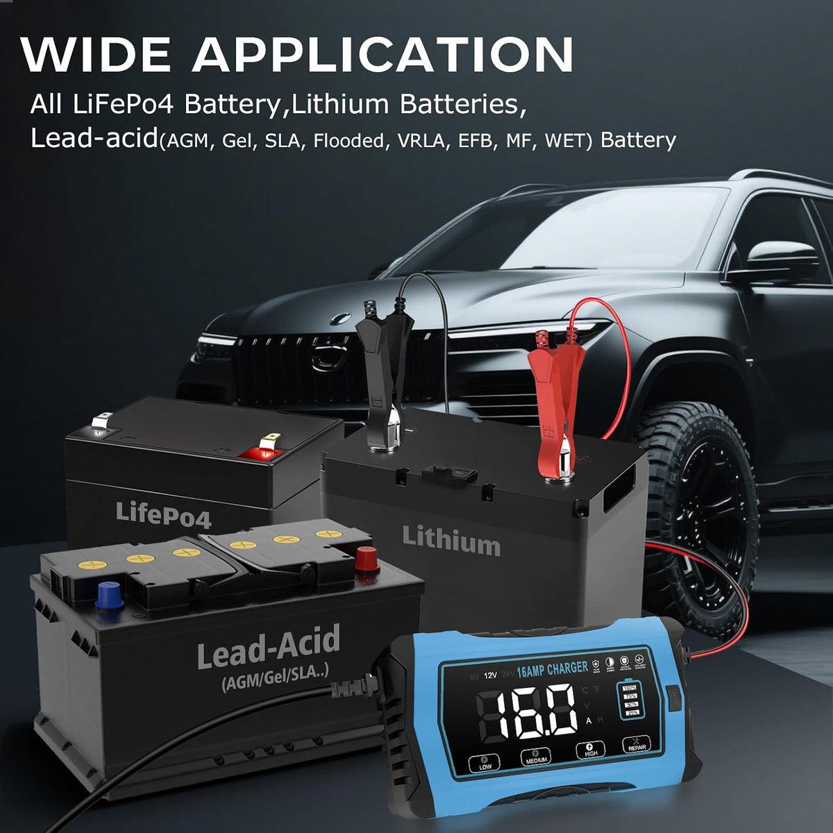 16A Battery Charger, 6V/12V/24V, Battery Maintainer Trickle Charger for Car