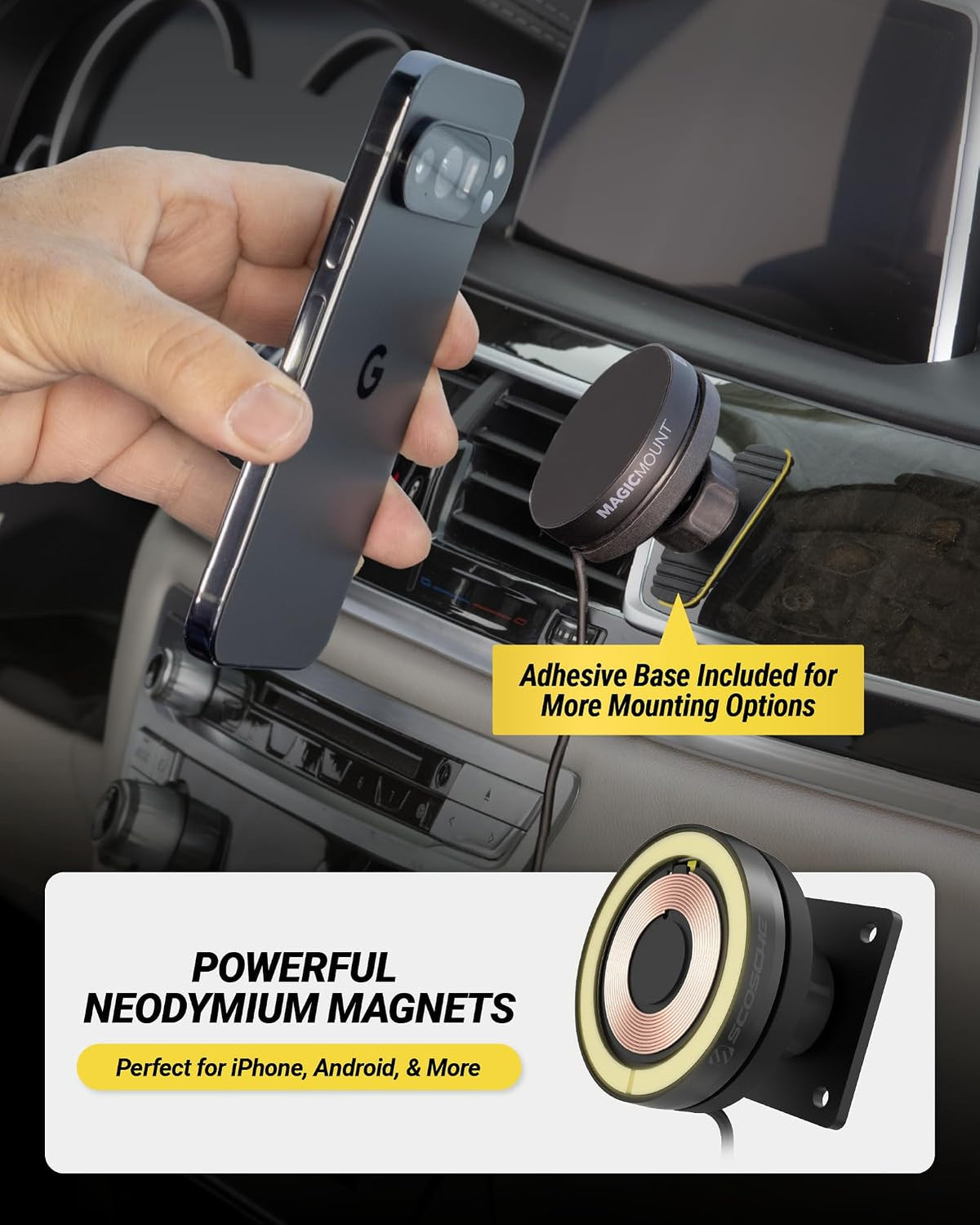 Scosche MagicMount Elite Qi2 Wireless MagSafe Car Mount Charger, 25W Magnetic Cell Phone Holder for Car with AMPS Mounting Plate and 3M Adhesive Dashboard Adapter Compatible with iPhone, Samsung