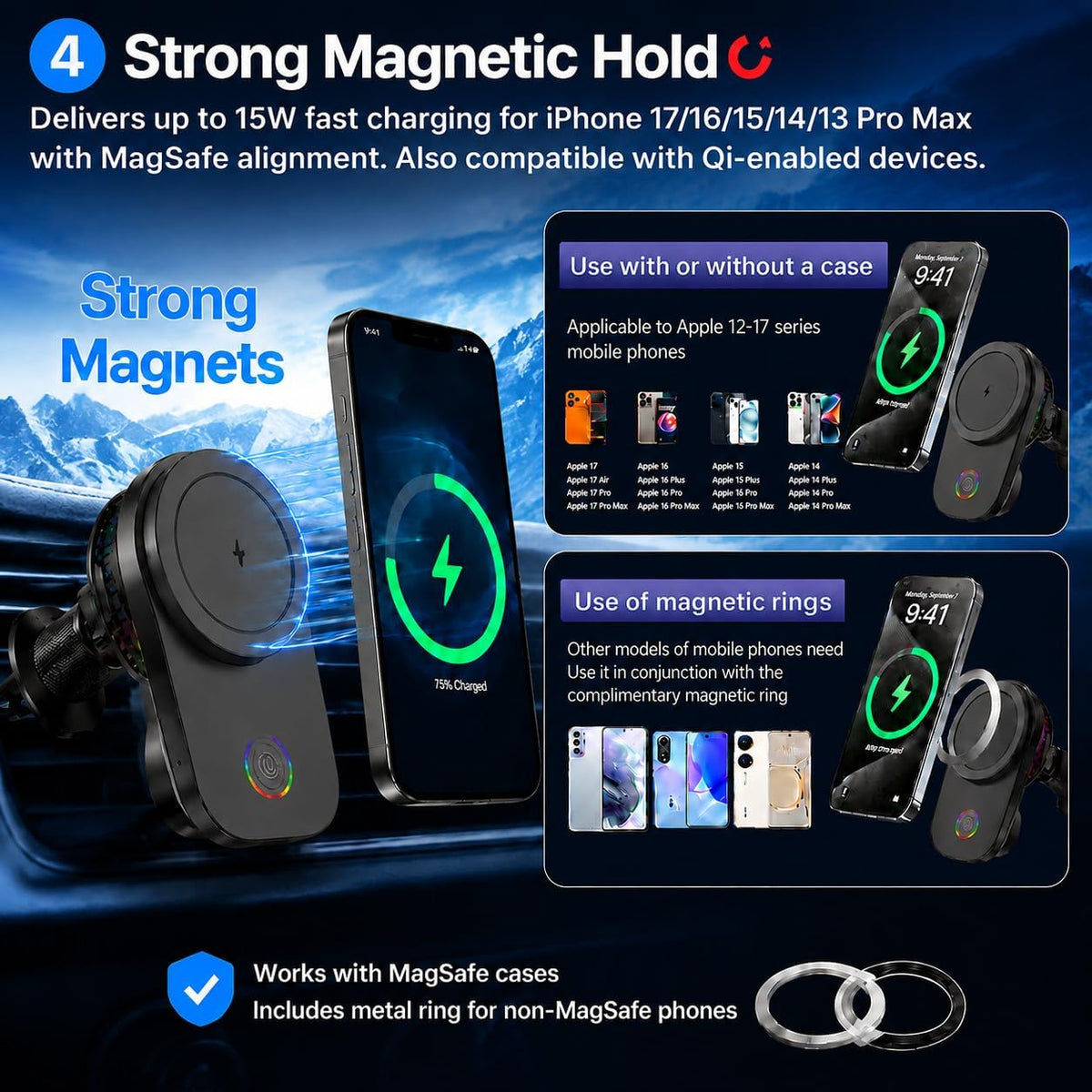 Upgraded 15W Wireless Car Charger Mount with Cooling Fan, MagSafe Magnetic Car Phone Holder, 360° Rotation, Vent & Dashboard Mount for iPhone 17/16/15 Pro Max, Samsung S25/S24