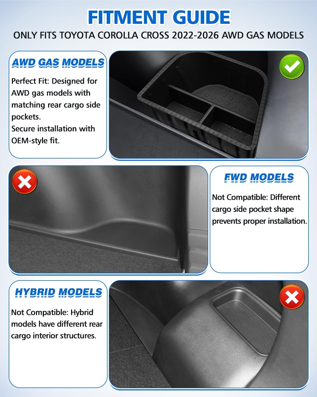 Karltys Rear Side Trunk Storage Bins for Toyota Corolla Cross 2022-2026 AWD, 2 Pcs Cargo Side Pocket Organizer Boxes, ABS Side Storage Tray Accessories, Not for Hybrid or FWD