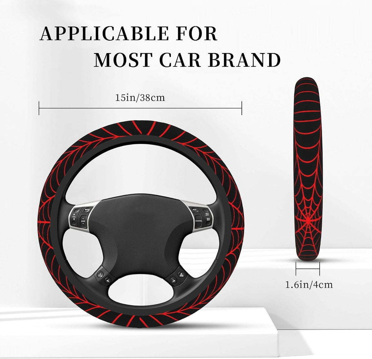 Black Spider Web Steering Wheel Cover 15 Inch + 2 Car Cup Coasters