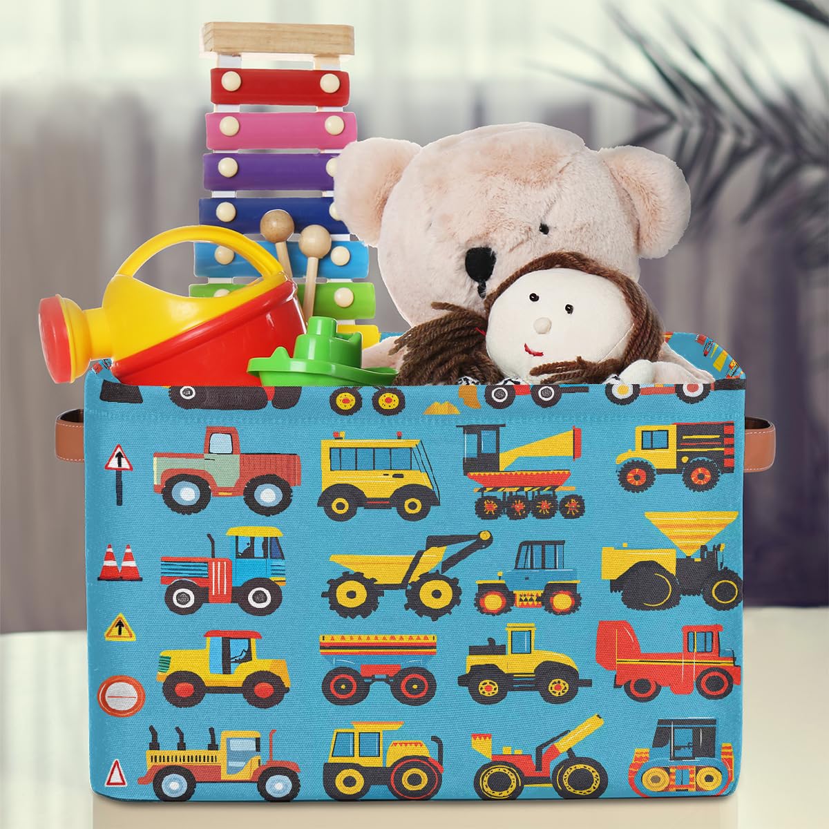 Cartoon Construction Storage Baskets for Organizing, Fabric Collapsible Storage Bins Box Cars Tractors Bulldozers Decorative Toy Organizer Baskets for Closet Shelves Gift Basket 1 Pc