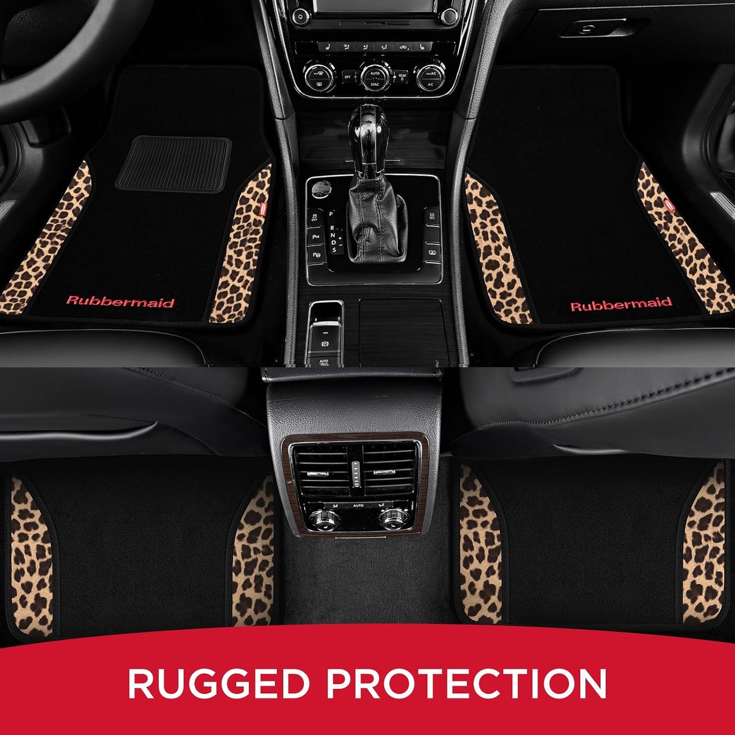 Rubbermaid Car Mats, Carpeted Floor Car Mat with Faux Leather & Built-in Heel Pad, Two-Tone Car Rug Floor Mats, Stylish Carpeted Floor Mats for Cars, Trucks & SUVs Leopard Patten Design