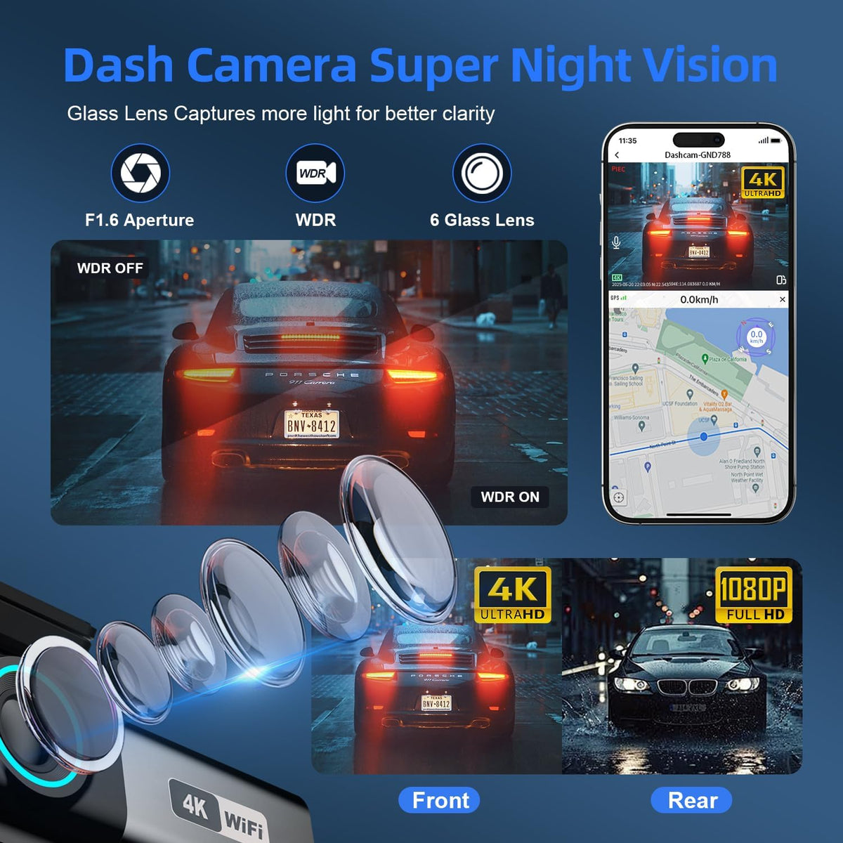 4K Dash Cam, Front and Rear Dual Dash Camera for Cars with 64GB Card, 5.8GHz WiFi, 360° Swivel Rear Camera, App Control, WDR, G-Sensor, Night Vision, Loop Recording, Parking Mode