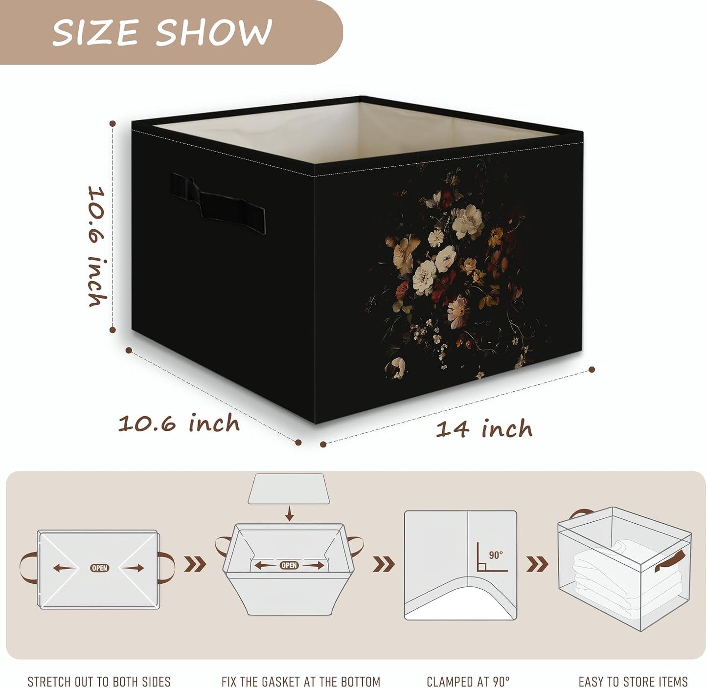Moody Floral Decor Basket Foldable Storage Bins Box with Handles, Dark Academia Cottagecore Rustic Wildflower Botanical Organizer Basket for Bedroom Bathroom Kids Room Clothes Toys Books