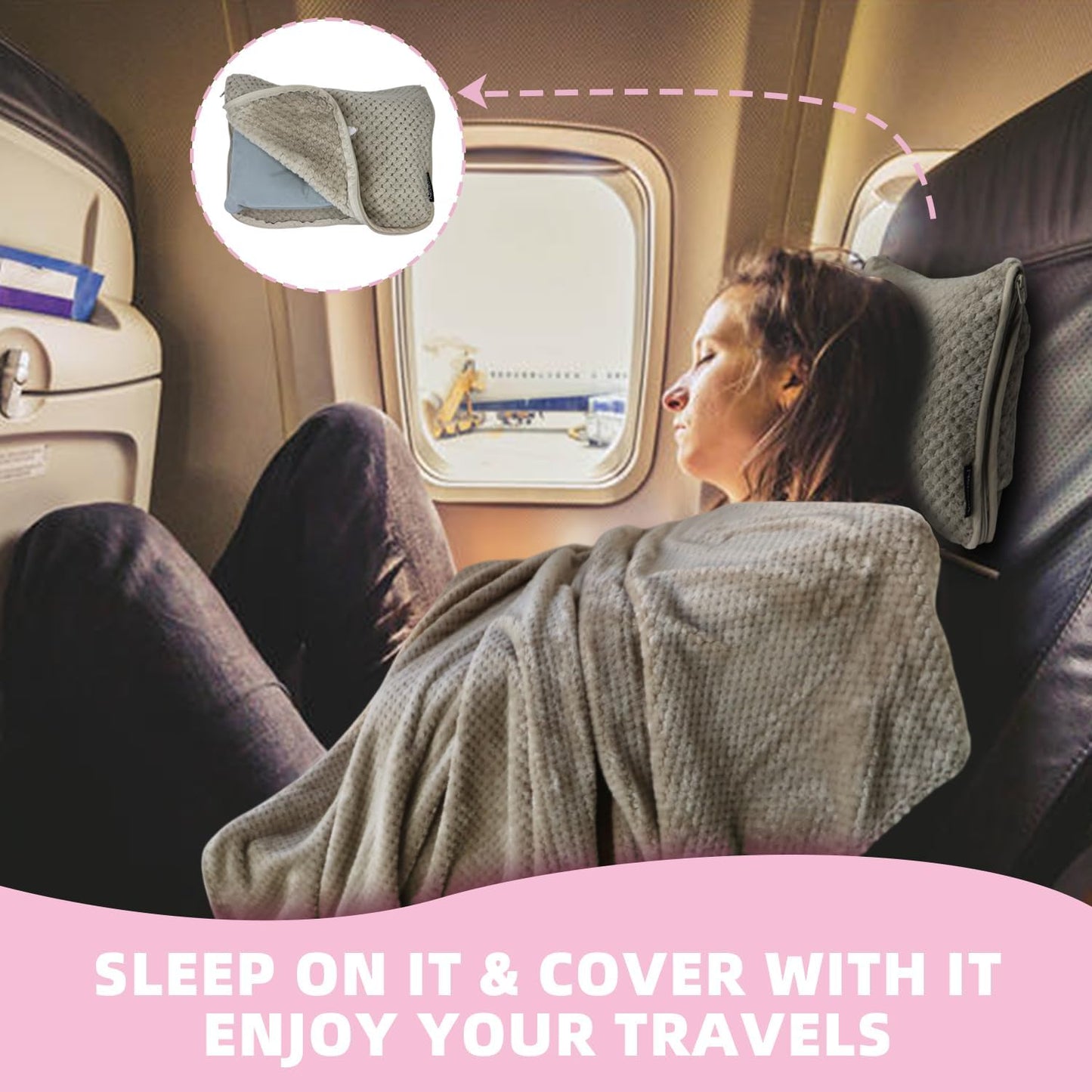 3 in 1 Travel Blanket Pillow Set - 350 GSM Thick Travel Blanket Airplane Compact with Bag, Soft Bag with a Pocket, Inflatable Travel Pillow for Camping & Car Trip (Light Coffee)