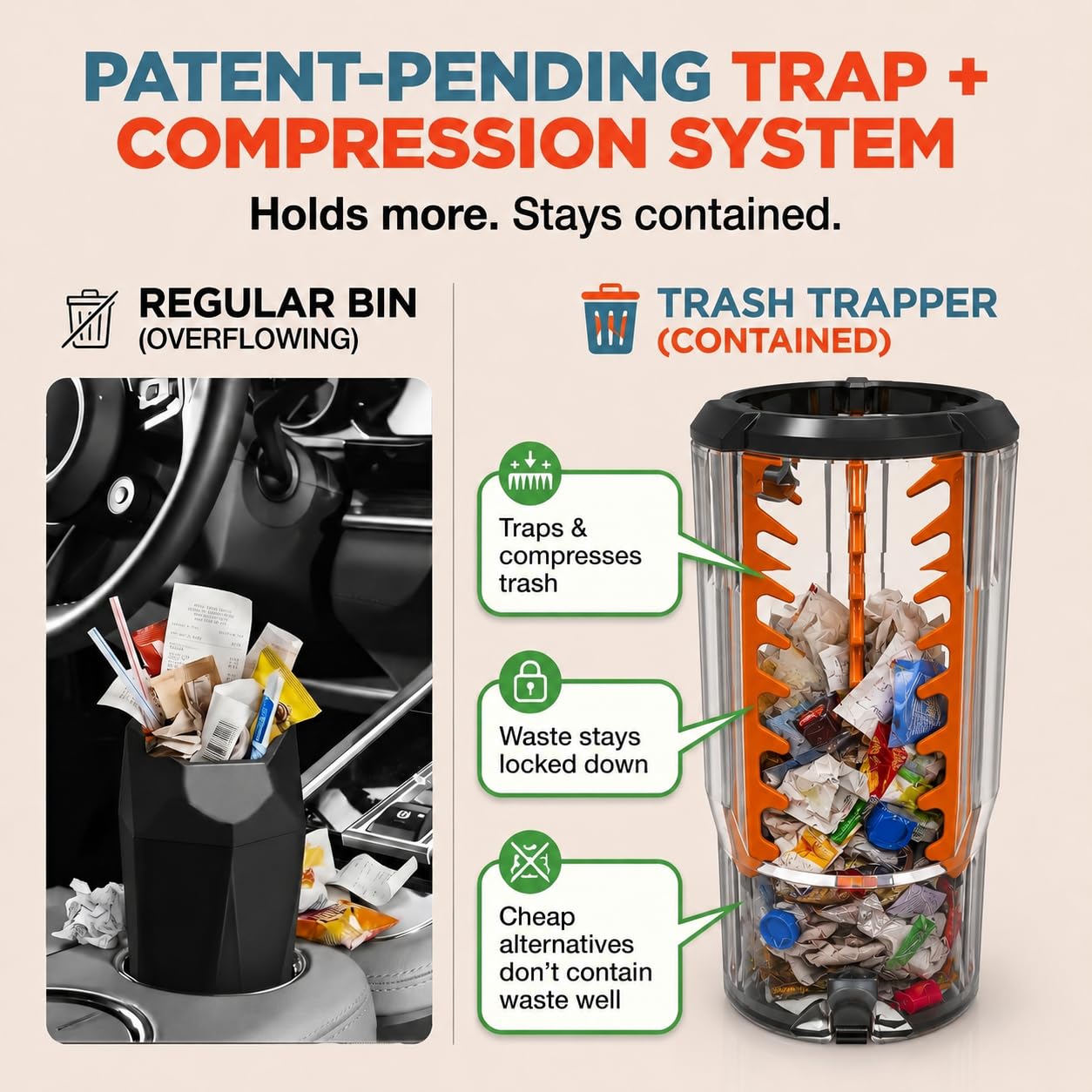 Trash Trapper Car Trash Can Cup Holder | Mini Car Trash Can | Fits in Most Doors | 5.1" x 2.9" | Traps More & Empties Less, Patent-Pending Compaction, Holds Weeks of Small Garbage, Black/Grey