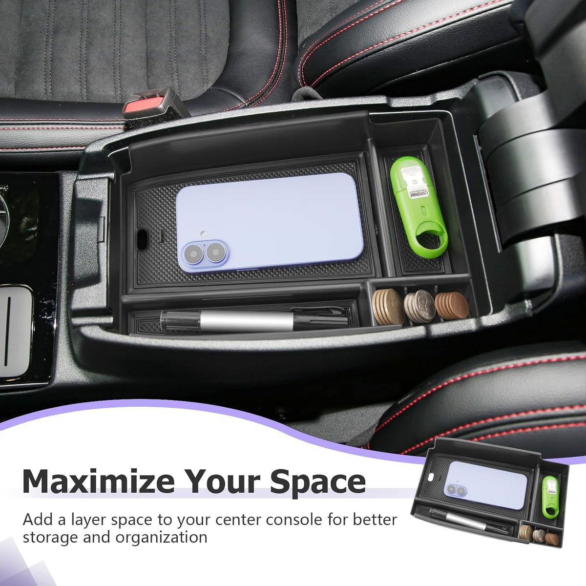 LUWU Center Console Organizer Compatible with Ford Escape 2020-2026/Bronco Sport 2021-2025 Accessories Armrest Console Storage Box Insert Tray ABS Material Black Coin Container Black