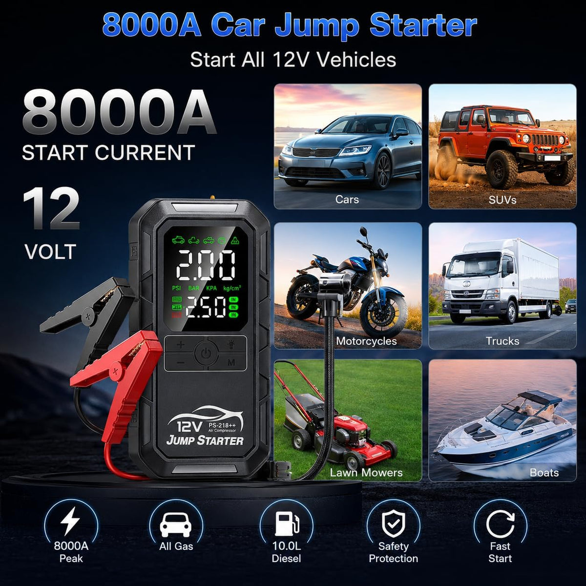 10-in-1 Car Battery Jump Starter with Air Compressor 8000A 160PSI Portable Car Jumper Starter (All Gas 12L Diesel), 12V Jump Box Car Battery Jump Starter Portable Jumper Cables, Lights (8000A)