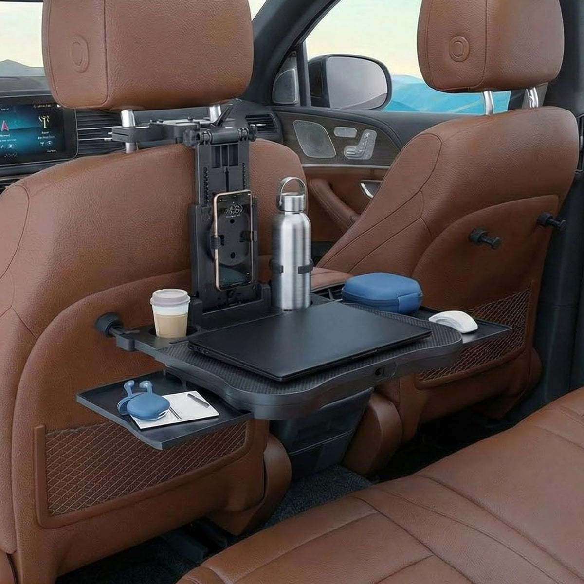 Car Back Seat Tray Table with Expandable Tray - 2-Sided Car Desk for Kids & Adults, Extra Wide & Sturdy Headrest Mount with Non-Slip Pad, Tablet/Laptop Holder for Road Trip(Carbon fiber front panel)