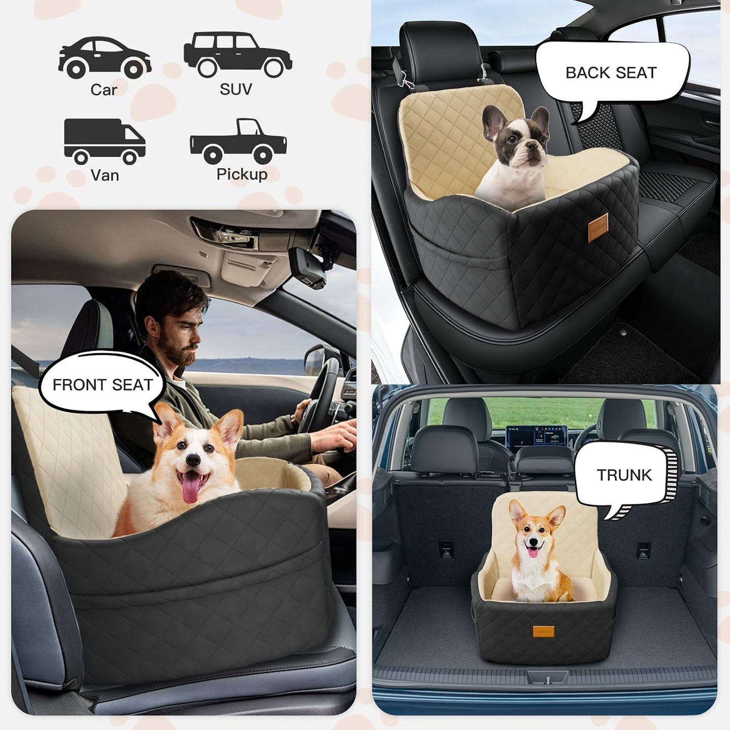 Dog Car Seat for Small/Medium Dogs Under 35lbs, Detachable & Washable Elevated Pet Travel Bed, 2 Storage Pockets & Safety Belt, Anti-Slip Base, Booster Car Seat with Seamless Bottom Design
