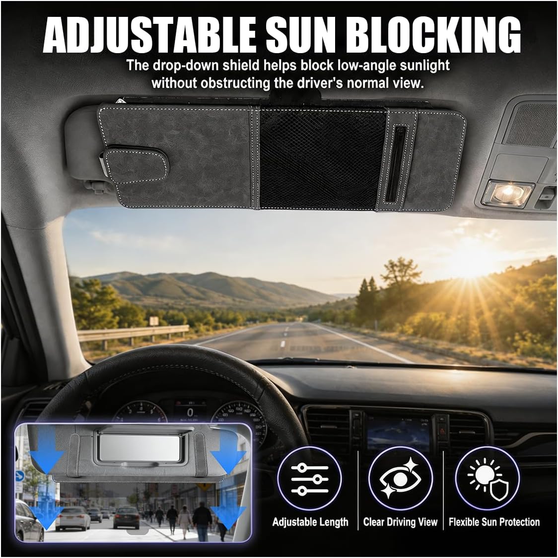 Car Sun Visor Extender, Leather Multi-Pocket Clip-On Auto Visor Organizer, Adjustable Anti-Glare Vehicle Interior Sun Blocker Attachment for Glasses, Driver's License, Ticket (Black&Grey)