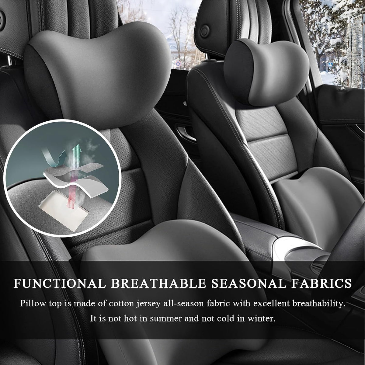 Car Headrest & Lumbar Support Cushion, Ergonomic Memory Foam Car Neck Back Support w/Removable Cover, Universal Breathable Lumbar Cushion Headrest Pillow with Adjusatble Strap (Gray)