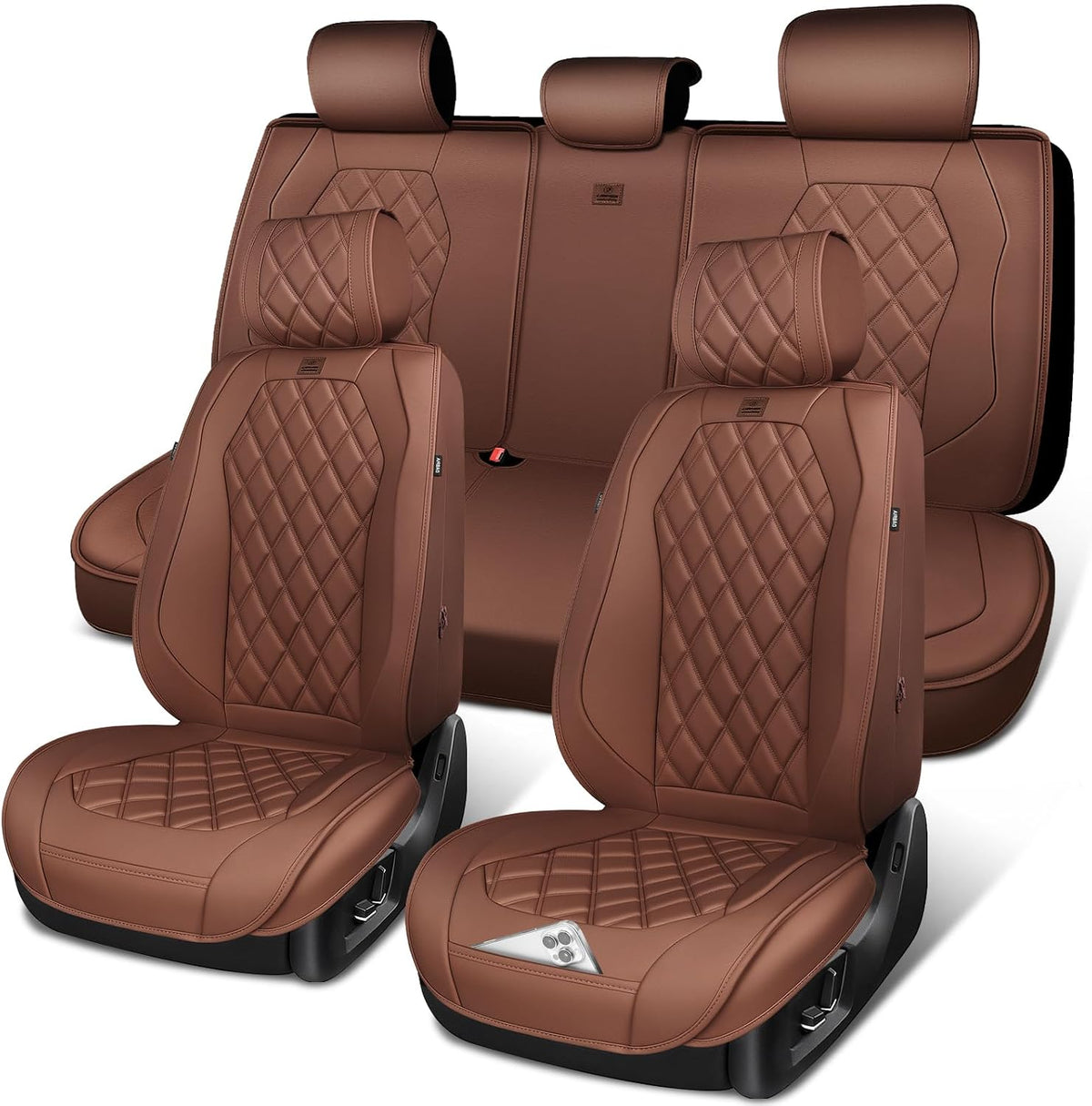 CAR PASS Luxury Nappa Leather Seat Covers Full Set, 3D Rhombus Waterproof Faux Leather Seat Covers, Universal Automotive Seat Cushion Fit for Most Sedan SUV Truck Van, Airbag Compatible Brown
