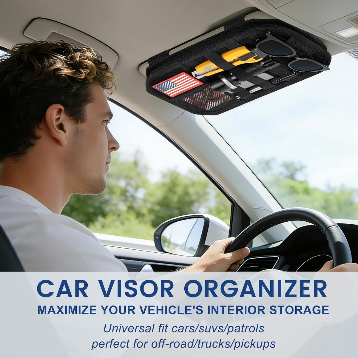 Car Sun Visor Organizer, Multi-Pocket Tactical Visor Storage with Zipper