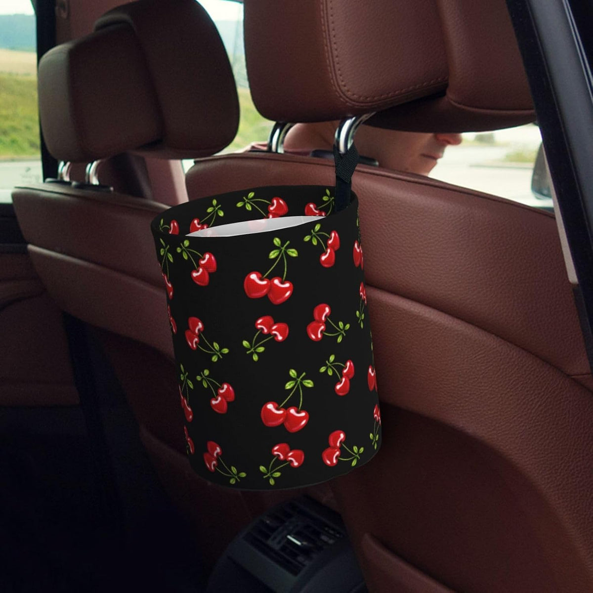 Red Cherry Hearts Car Trash Can 1 Hanging Trash Bag+2 Car Cup Coasters Set