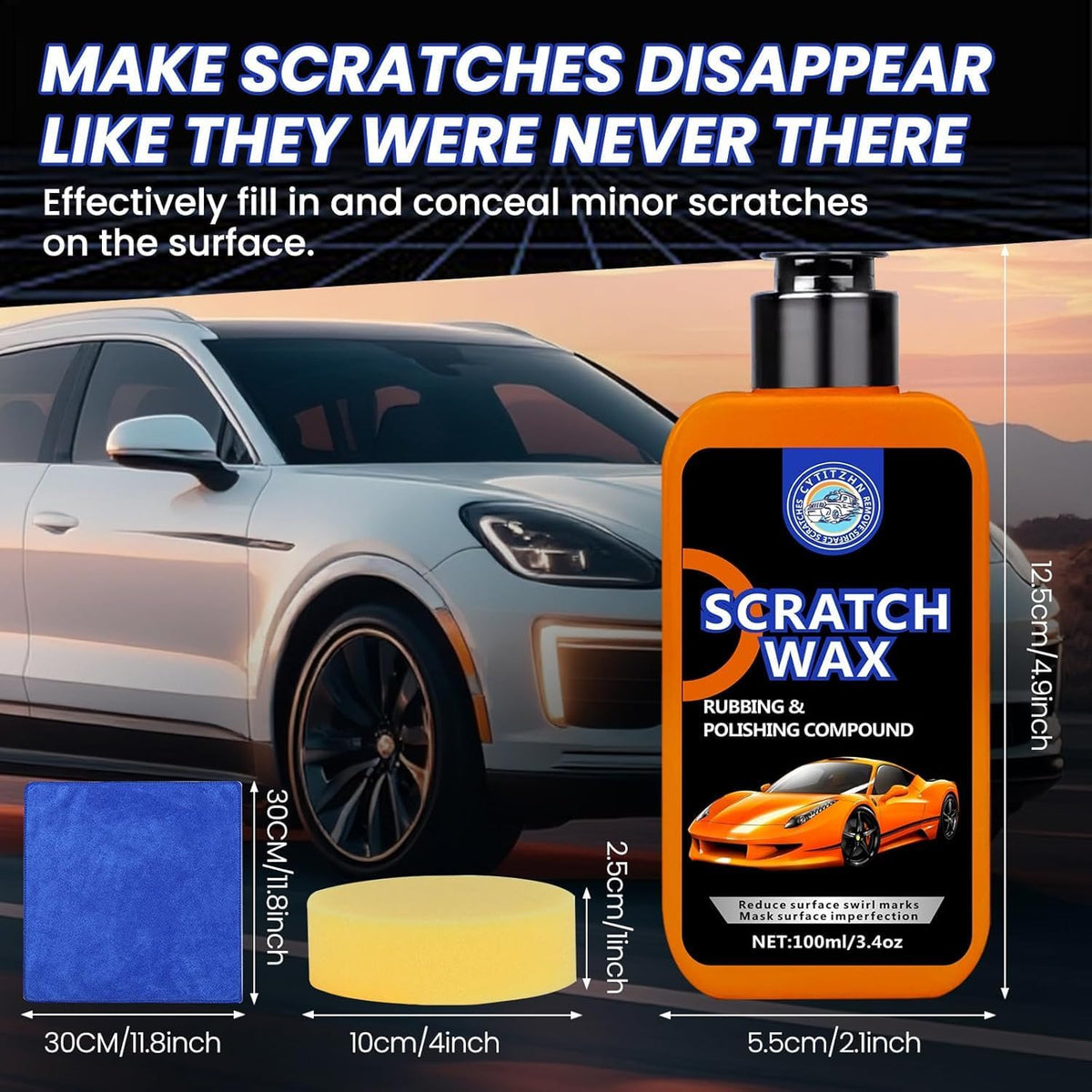 CYTITZNH Scratch Remover Wax – Restore Car Paint, Remove Scratches, Scuffs & Swirls, Safe for All Paint Finishes, Easy DIY with Buffer Pad & Towel, 100ML/3.4oz