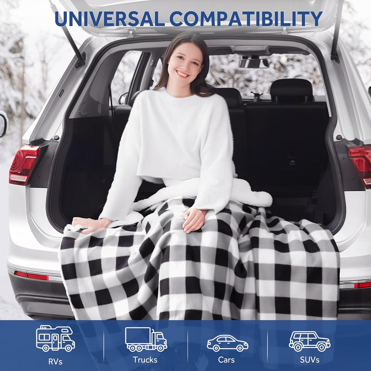 Sealy 12-Volt Heated Car Blanket, 2 USB Output Ports, 59"x43", Black Plaid