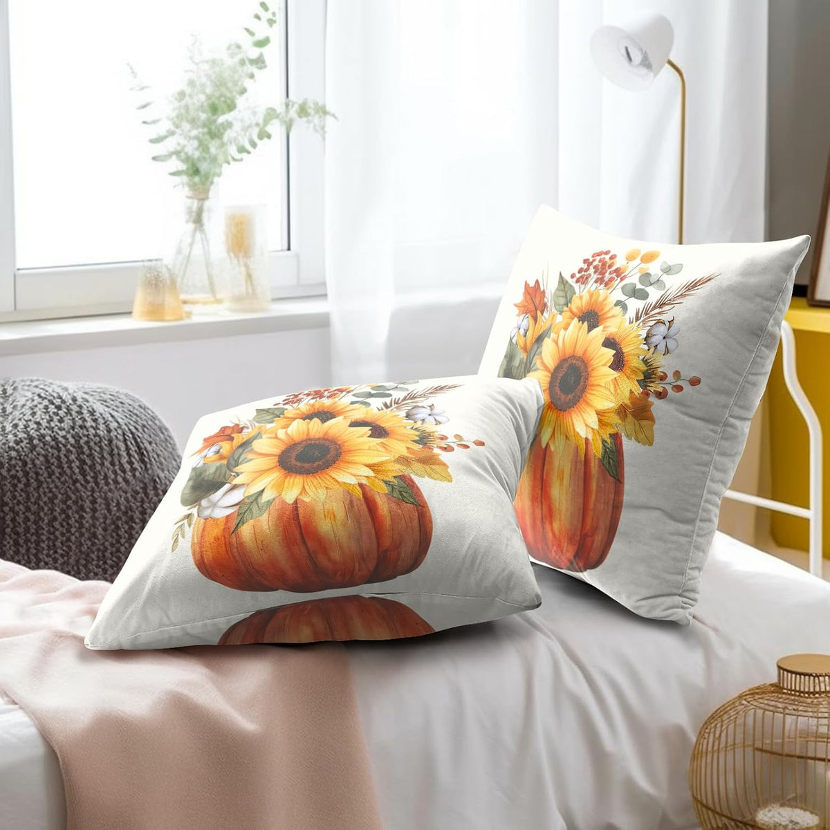 Fall Sunflower Pumpkin Pillow Cover Set of 2-18x18 Inch Autumn Flower Floral Harvest Seasonal Decorative Sofa Couch Cushion Case for Porch Patio Outdoor Indoor Home Decor, lhlhy9YBPV2F88240426