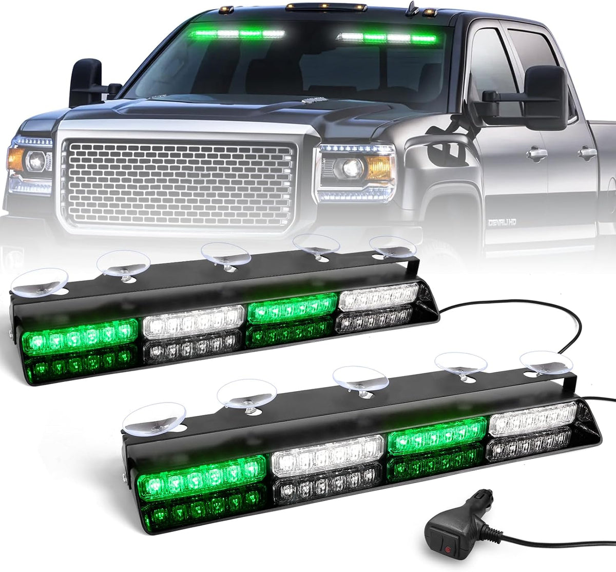 HLauto 6Z4J Emergency Dash Strobe Lights: 2x16.8 inch Red Blue Safety Lights, 48 LED Flashing Warning Hazard Interior Windshield Visor Traffic Light Bar for Trucks, Construction Vehicles