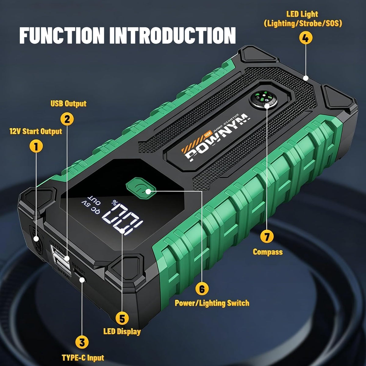 Portable Car Jump Starter, 12V Battery Booster,Jumper with USB & LED