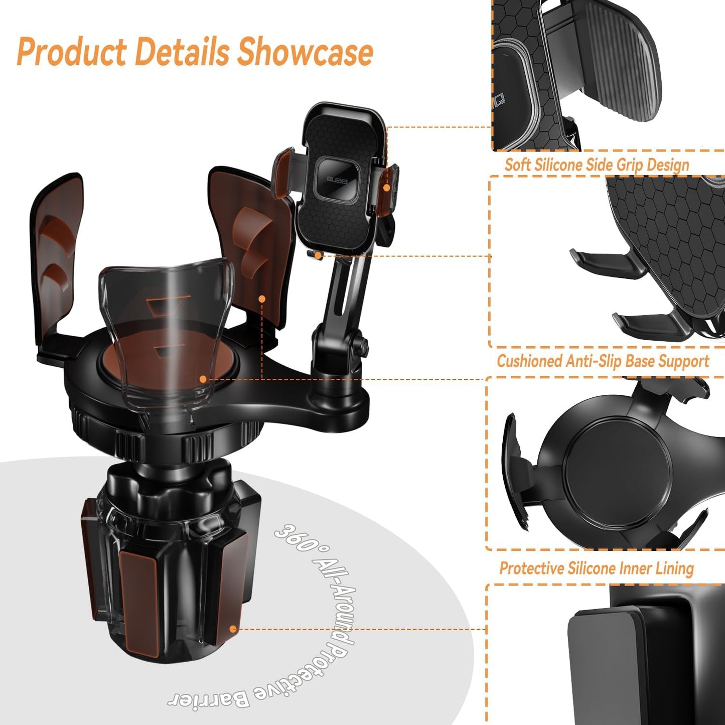 EXELIQ Cup Holder Expander with Phone Mount for Car, 2-in-1 Adjustable Cup Holder Fits Large Bottles, Tumblers & Fast Food Drinks, Universal Phone Mount 360° Rotating Arm for 4.7–7" Phones