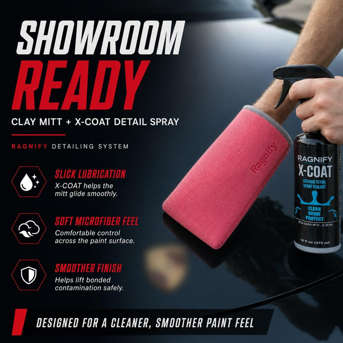 Ragnify Pack of 2 Clay Mitt Auto Detailing Medium Grade Clay Bar Alternative Mitt for Flawless Removal of Surface Bonded Micro Contaminant (Red)